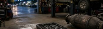Repair invoice, socket set, and catalytic converter on a shop bench; an older pickup on a lift in the bay behind.