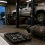 Repair invoice, socket set, and catalytic converter on a shop bench; an older pickup on a lift in the bay behind.