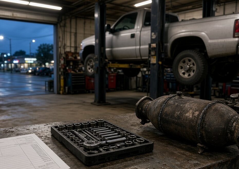 Repair invoice, socket set, and catalytic converter on a shop bench; an older pickup on a lift in the bay behind.